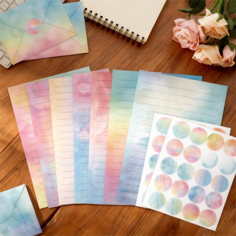 Halloluck 160 Pcs Stationery Writing Paper with Envelopes, 50 Double Sided Stationery Papers with 50 Matching Envelopes and 60 Round Dot Sticker, 10 Unique Designs - Image 4